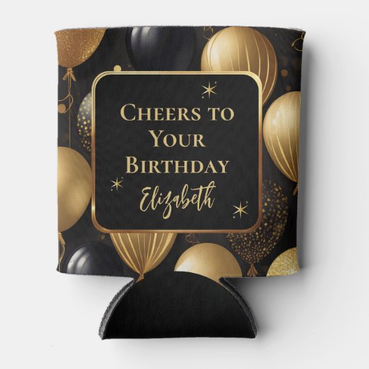 Elegante zwarte gouden glitter verjaardagsballonne blikjeskoeler (Voorkant)