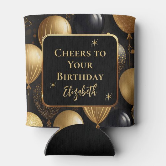 Elegante zwarte gouden glitter verjaardagsballonne blikjeskoeler (Achterkant)