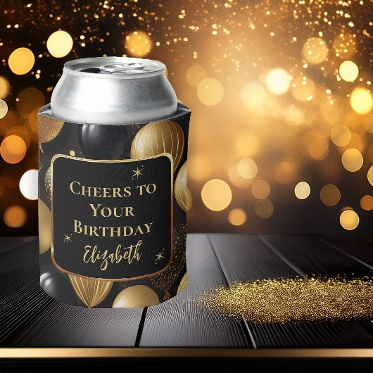 Elegante zwarte gouden glitter verjaardagsballonne blikjeskoeler