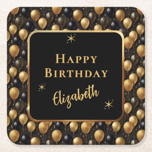 Elegante zwarte gouden glitter verjaardagsballonne kartonnen onderzetters (Voorkant)