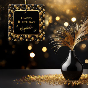 Elegante zwarte gouden glitter verjaardagsballonne keramisch ornament
