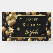 Elegante zwarte gouden glitter verjaardagsballonne spandoek (Horizontaal)