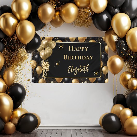 Elegante zwarte gouden glitter verjaardagsballonne spandoek
