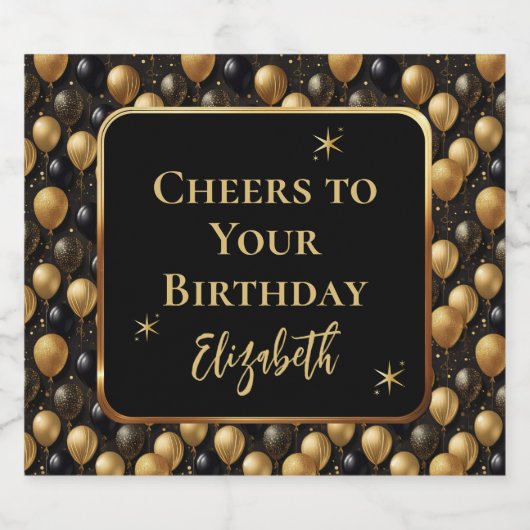 Elegante zwarte gouden glitter verjaardagsballonne sparkling wijnetiket (Enkel label)