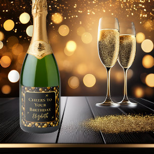Elegante zwarte gouden glitter verjaardagsballonne sparkling wijnetiket