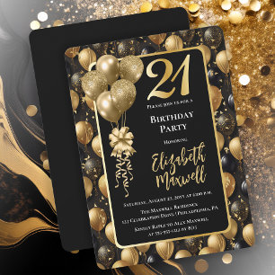Elegante zwarte gouden glitterballonnen 21e verjaa kaart
