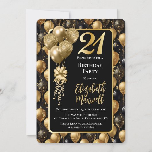 Elegante zwarte gouden glitterballonnen 21e verjaa kaart (Voorkant)