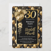 Elegante zwarte gouden glitterballonnen 30e verjaa kaart (Voorkant)