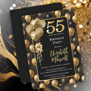 Elegante zwarte gouden glitterballonnen 55e verjaa kaart