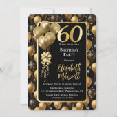 Elegante zwarte gouden glitterballonnen 60e verjaa kaart (Voorkant)
