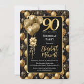 Elegante zwarte gouden glitterballonnen 90e verjaa kaart (Voorkant)