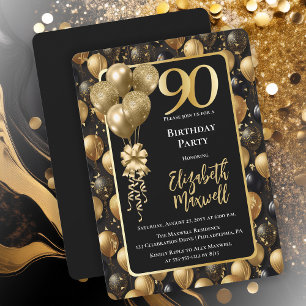Elegante zwarte gouden glitterballonnen 90e verjaa kaart