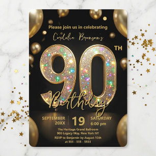 Elegante zwarte gouden glitterballonnen 90ste verj kaart