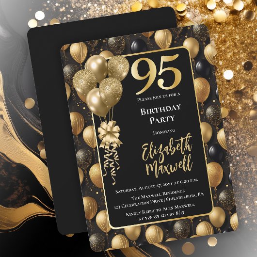 Elegante zwarte gouden glitterballonnen 95e verjaa kaart