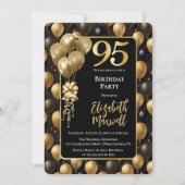 Elegante zwarte gouden glitterballonnen 95e verjaa kaart (Voorkant)