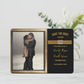 Elegante zwarte gouden glitters bruiloft save the date (Staand voorkant)