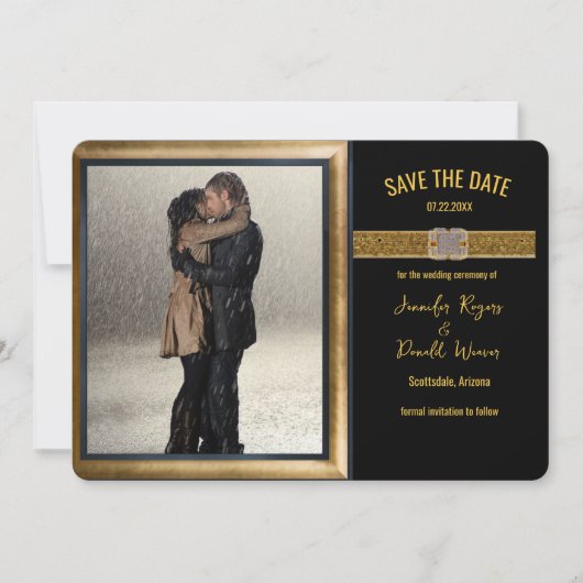 Elegante zwarte gouden glitters trouw save the date (Voorkant)