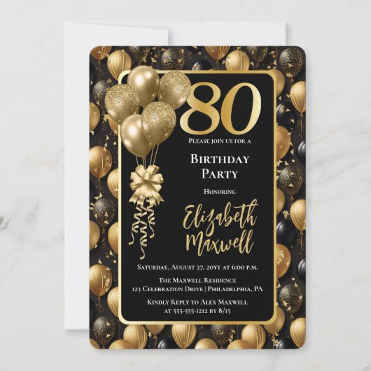 Elegante zwarte gouden glittersballonnen 80ste ver kaart (Voorkant)