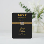 Elegante zwarte gouden glitterspeld RSVP kaartje (Staand voorkant)
