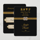 Elegante zwarte gouden glitterspeld  RSVP kaartje (Voorkant / Achterkant)