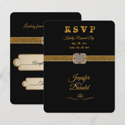 Elegante zwarte gouden glitterspin RSVP kaartje (Voorkant / Achterkant)
