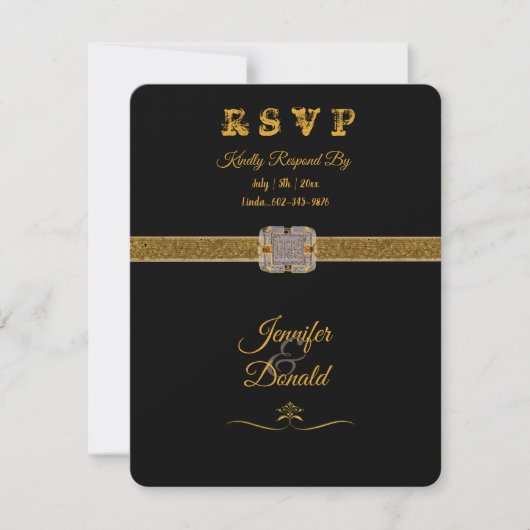 Elegante zwarte gouden glitterspin  RSVP kaartje (Voorkant)
