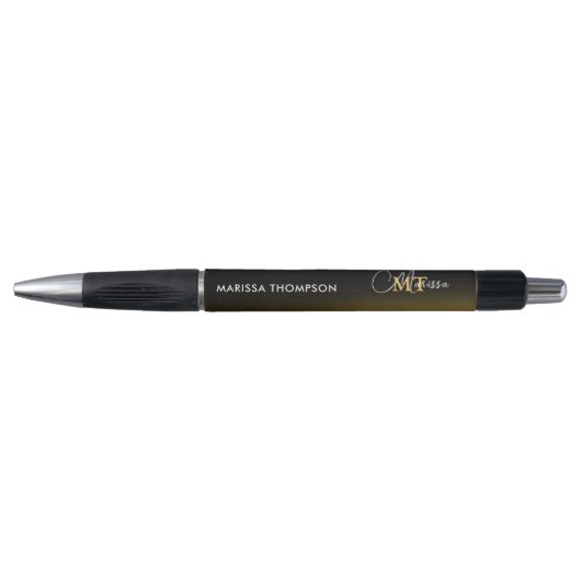 Elegante Zwarte Gouden Gradiënt Monogram Script Na Pen (Voorkant)