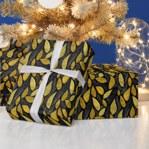 Elegante Zwarte Gouden & Grijze Bladeren Cadeaupapier