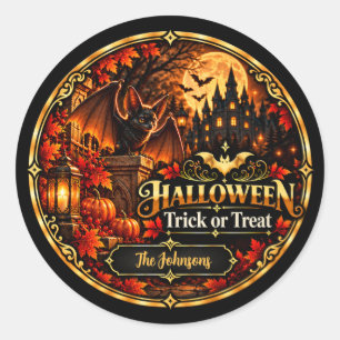 Elegante Zwarte Gouden Halloween Trick or Treat Ca Ronde Sticker