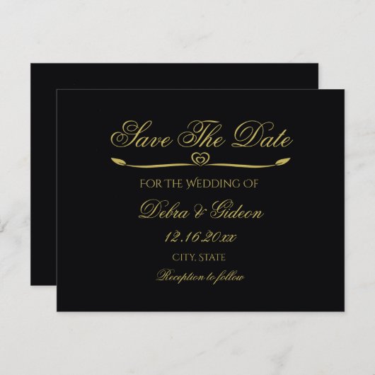 Elegante Zwarte Gouden Hart Bloem Save the Date (Voorkant / Achterkant)