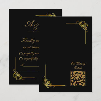 Elegante Zwarte Gouden Huwelijksgebeurtenis QR-cod RSVP Kaartje