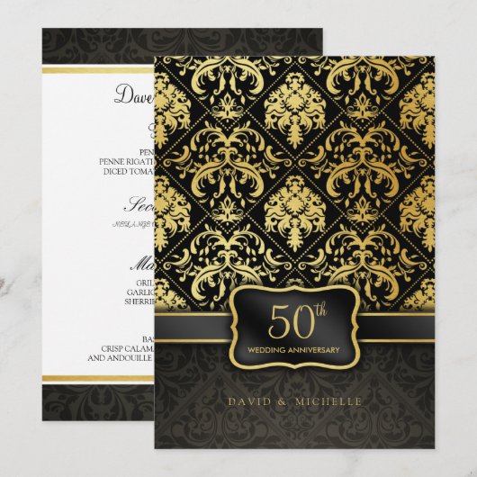Elegante zwarte & gouden huwelijksjubileum menu 50 kaart (Voorkant / Achterkant)