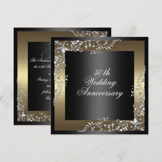 Elegante zwarte/gouden huwelijksverjaardagsuitnodi kaart (Voorkant / Achterkant)