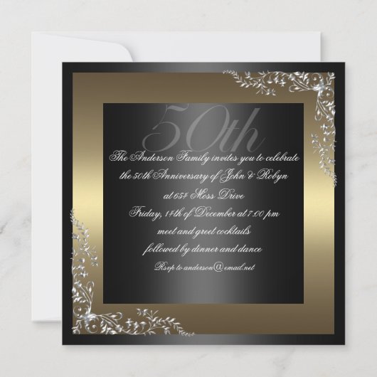 Elegante zwarte/gouden huwelijksverjaardagsuitnodi kaart (Achterkant)