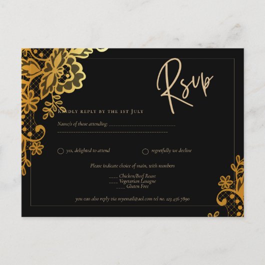 Elegante Zwarte Gouden Kant Moderne Trouw  Briefkaart (Voorkant)