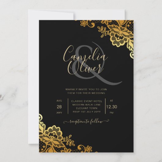 Elegante Zwarte Gouden Kant Moderne Trouw  Kaart (Voorkant)