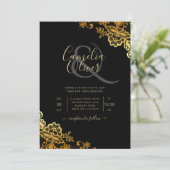 Elegante Zwarte Gouden Kant Moderne Trouw  Kaart (Staand voorkant)