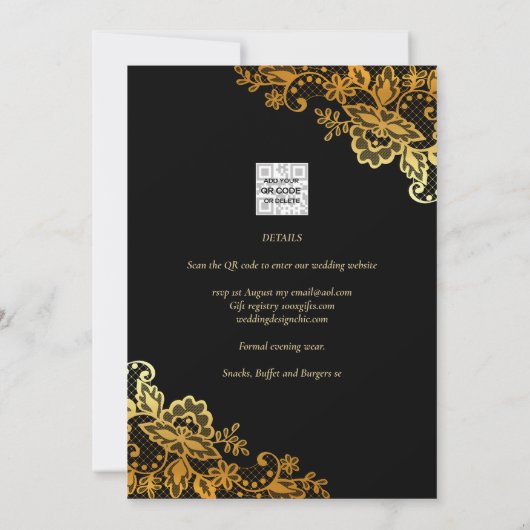 Elegante Zwarte Gouden Kant Moderne Trouw  Kaart (Achterkant)