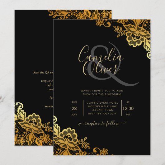 Elegante Zwarte Gouden Kant Moderne Trouw  Kaart (Voorkant / Achterkant)