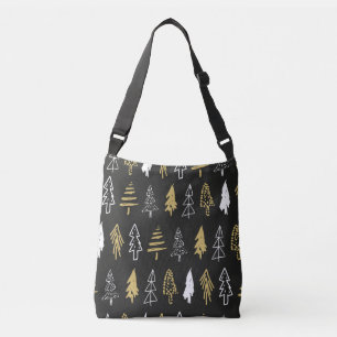 Elegante Zwarte Gouden Kerstboom Bos Patroon Crossbody Tas