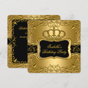Elegante Zwarte Gouden Kroon Bloemige Verjaardagsf Kaart