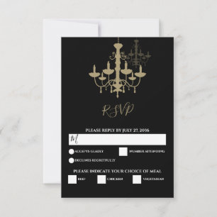 Elegante Zwarte Gouden Kroonluchter Bruiloft RSVP Kaartje