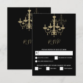 Elegante Zwarte Gouden Kroonluchter Bruiloft RSVP Kaartje (Voorkant / Achterkant)