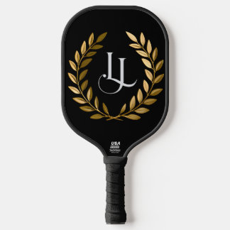 Elegante zwarte & gouden laurier monogram pickleba pickleball paddle