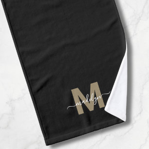 Elegante Zwarte Gouden Lettertype Naam Monogram Handdoek