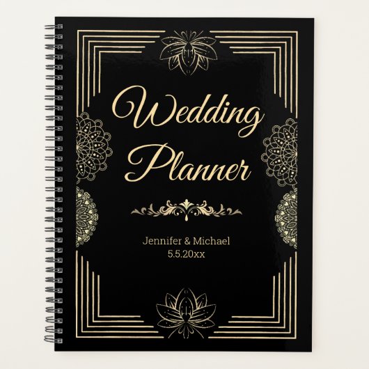 Elegante zwarte gouden luxe chique bruiloft planner (Voorkant)