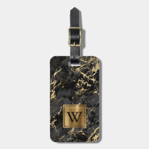Elegante Zwarte Gouden Marmer Monogram Verticale Bagagelabel