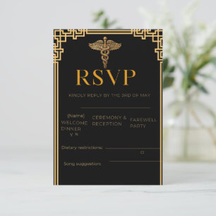 Elegante Zwarte & Gouden Medische RSVP Kaart met C