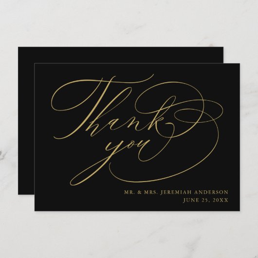 Elegante Zwarte Gouden Moderne Script Trouw Bedankkaart (Voorkant / Achterkant)