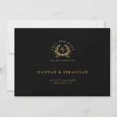 Elegante Zwarte Gouden Monogram Botanisch Wapen Save The Date (Voorkant)